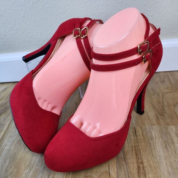 🩵NIB Red Faux Suede Leather Double Ankle Strap Platform Heels Size 7.5 - Picture 5 of 14